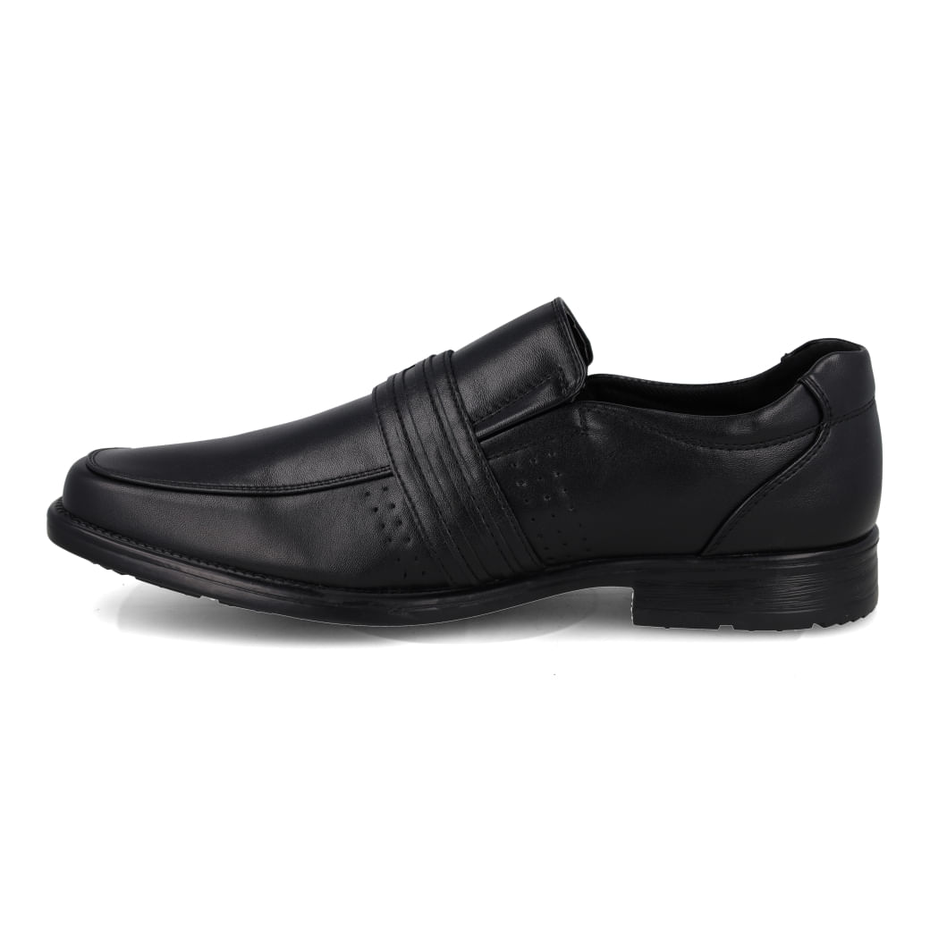 Vista lateral do sapato social Broken Rules masculino preto com detalhes em fivela metálica